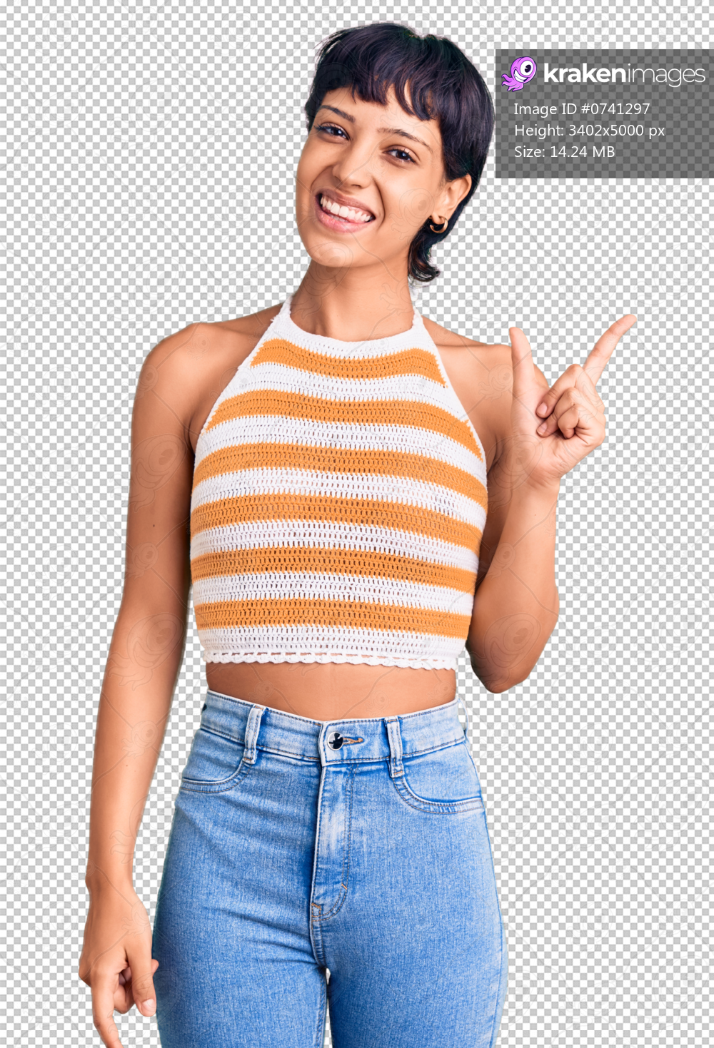 Young brunette woman with short hair wearing casual clothes with a big smile on face, pointing with hand finger to the side looking at the camera.