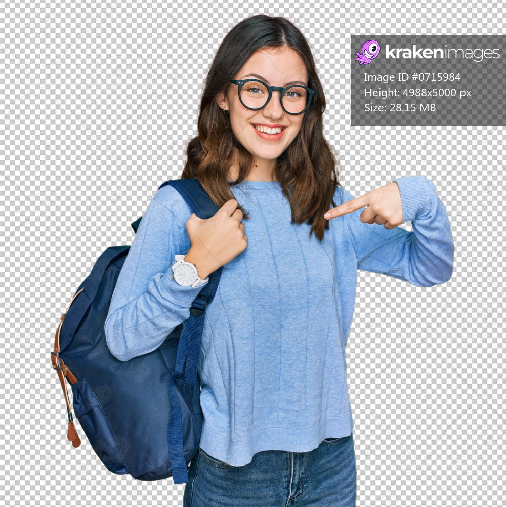Young beautiful girl wearing student backpack pointing finger to one self smiling happy and proud