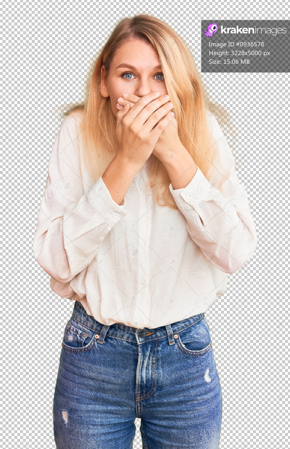Young beautiful blonde woman wearing casual shirt shocked covering mouth with hands for mistake. secret concept.