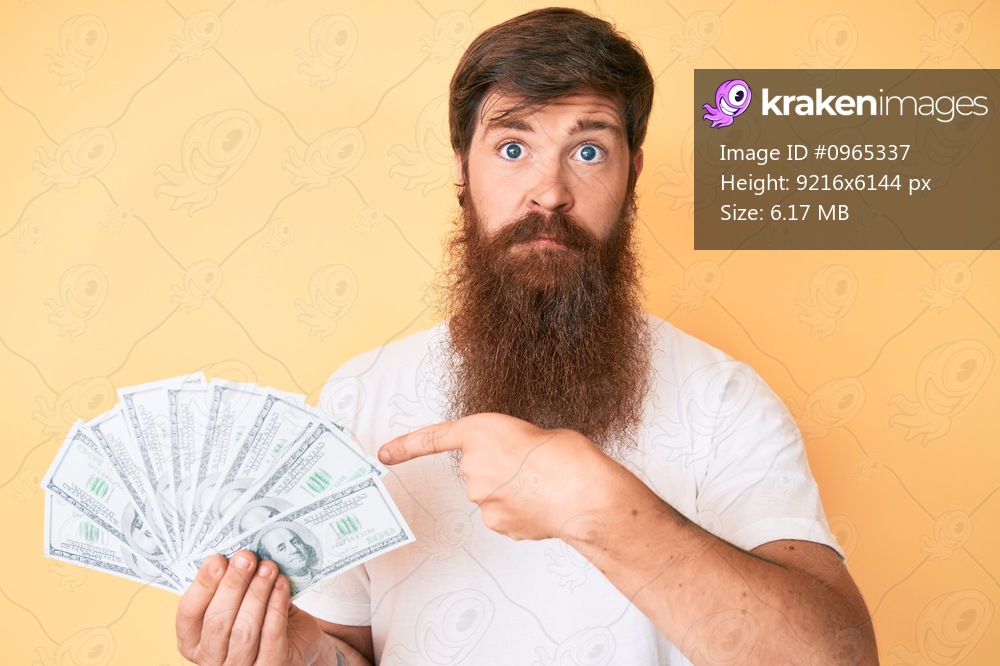Handsome young red head man with long beard holding dollars relaxed with serious expression on face. simple and natural looking at the camera. 