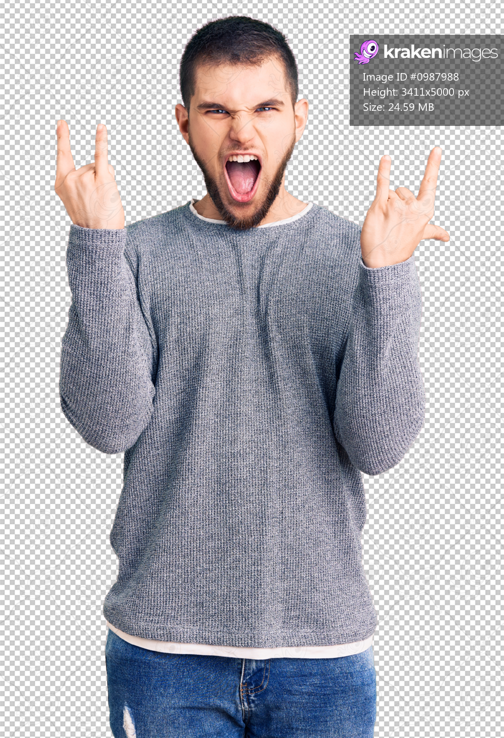 Young handsome man wearing casual sweater shouting with crazy expression doing rock symbol with hands up. music star. heavy concept.
