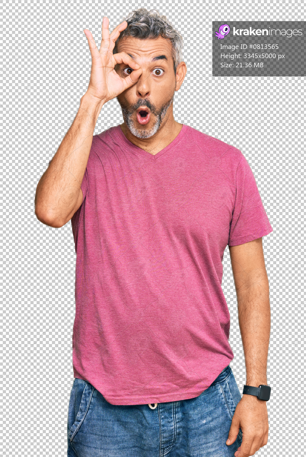 Middle age grey-haired man wearing casual clothes doing ok gesture shocked with surprised face, eye looking through fingers. unbelieving expression.