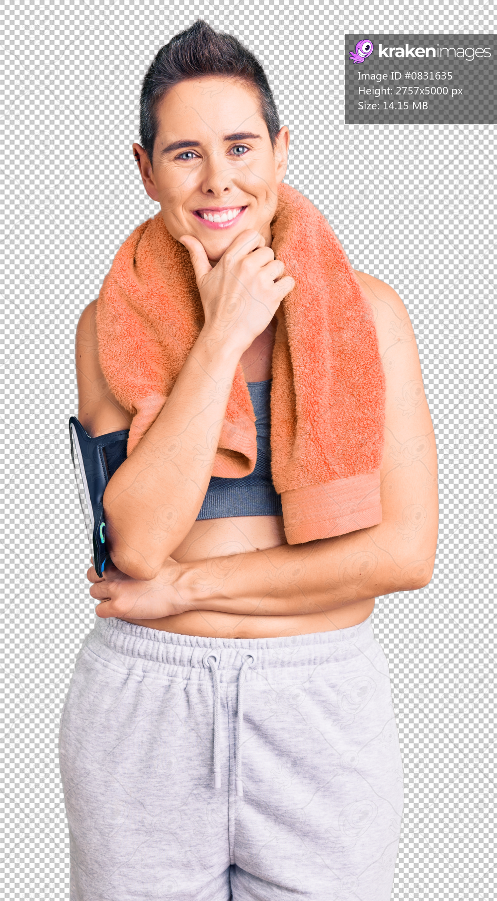 Young woman with short hair wearing sportswear and towel using smartphone looking confident at the camera smiling with crossed arms and hand raised on chin. thinking positive.