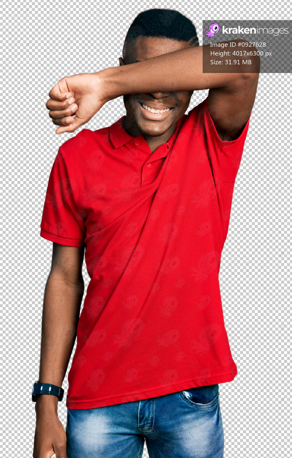 Young african american man wearing casual red t shirt covering eyes with arm smiling cheerful and funny. blind concept.