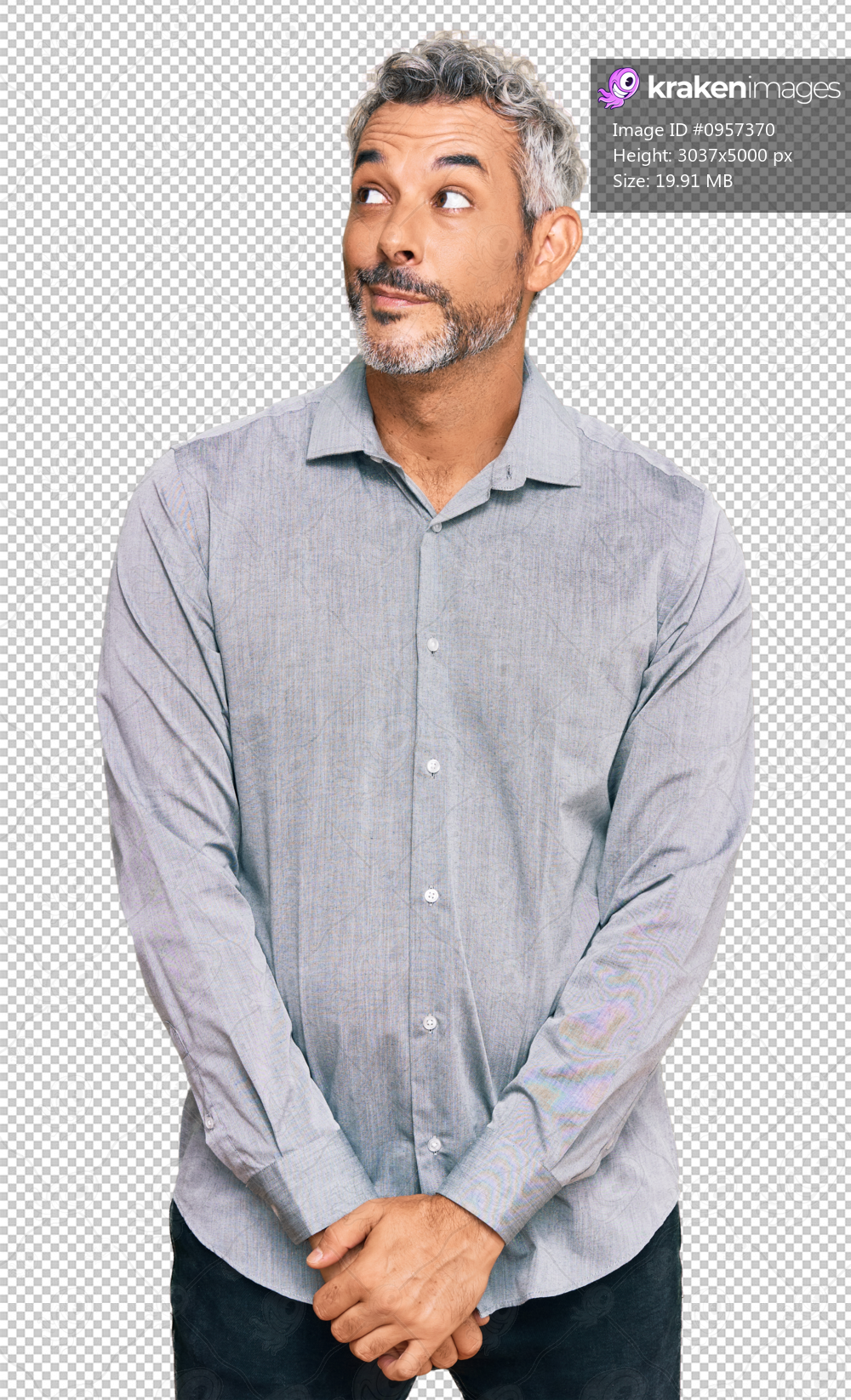 Middle age grey-haired man wearing casual clothes smiling looking to the side and staring away thinking.