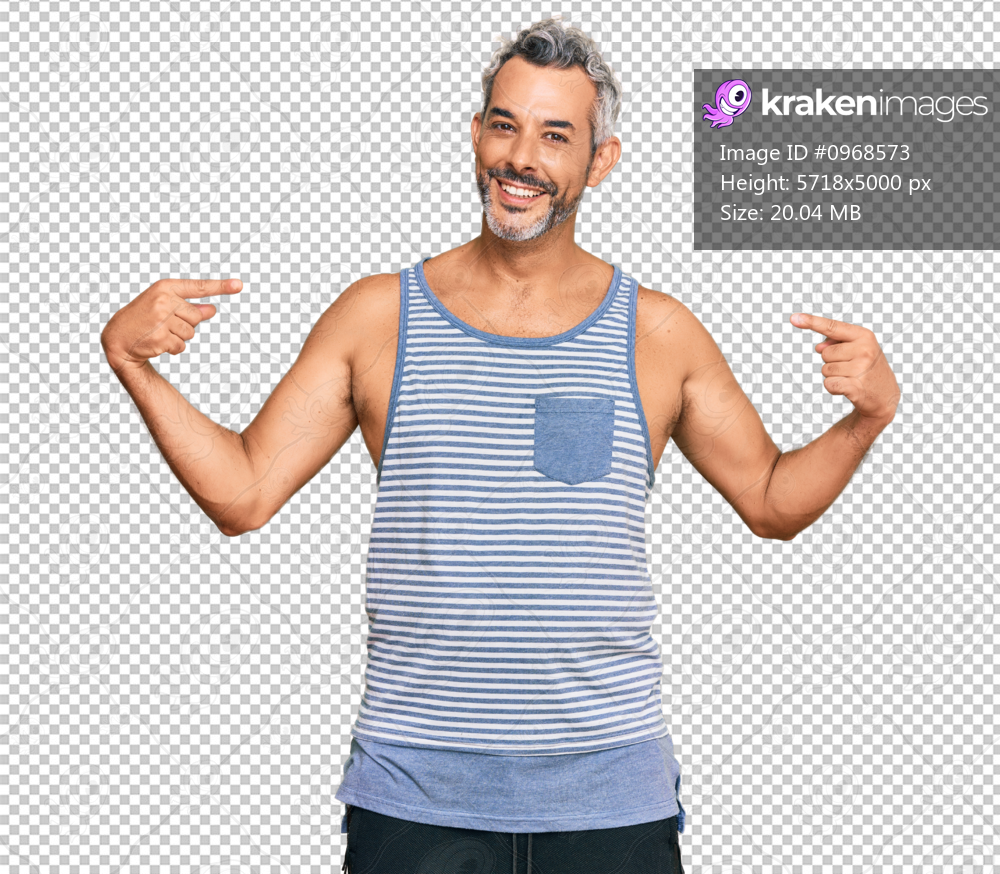 Middle age grey-haired man wearing casual style with sleeveless shirt looking confident with smile on face, pointing oneself with fingers proud and happy.