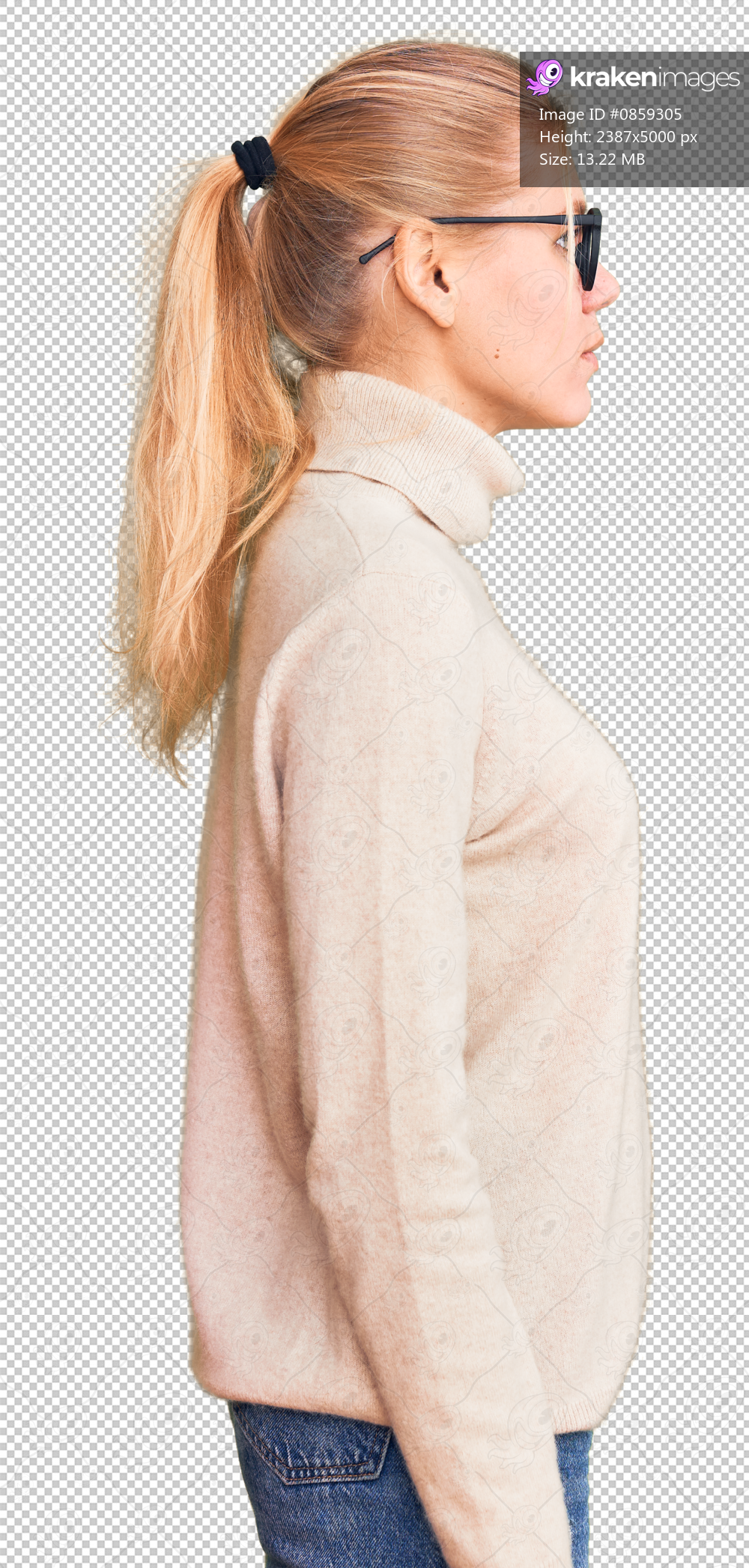 Young beautiful blonde woman wearing turtleneck sweater and glasses looking to side, relax profile pose with natural face with confident smile.