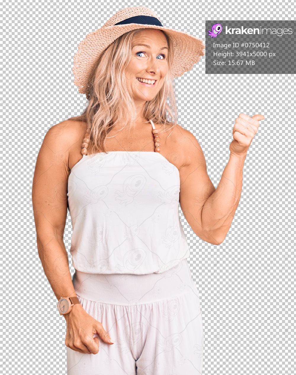 Middle age fit blonde woman wearing summer hat smiling with happy face looking and pointing to the side with thumb up.