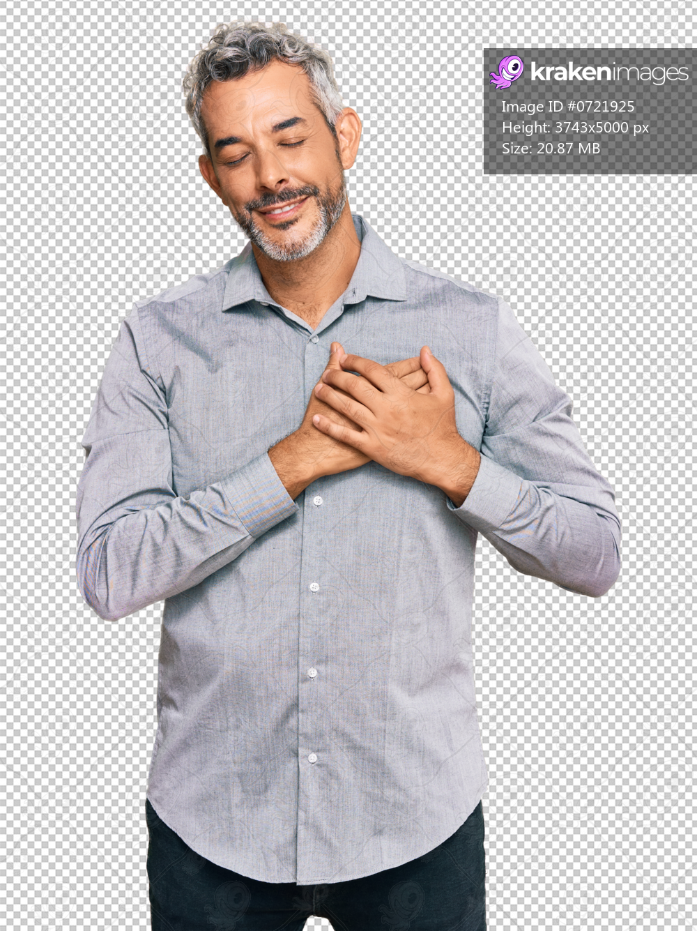 Middle age grey-haired man wearing casual clothes smiling with hands on chest with closed eyes and grateful gesture on face. health concept.