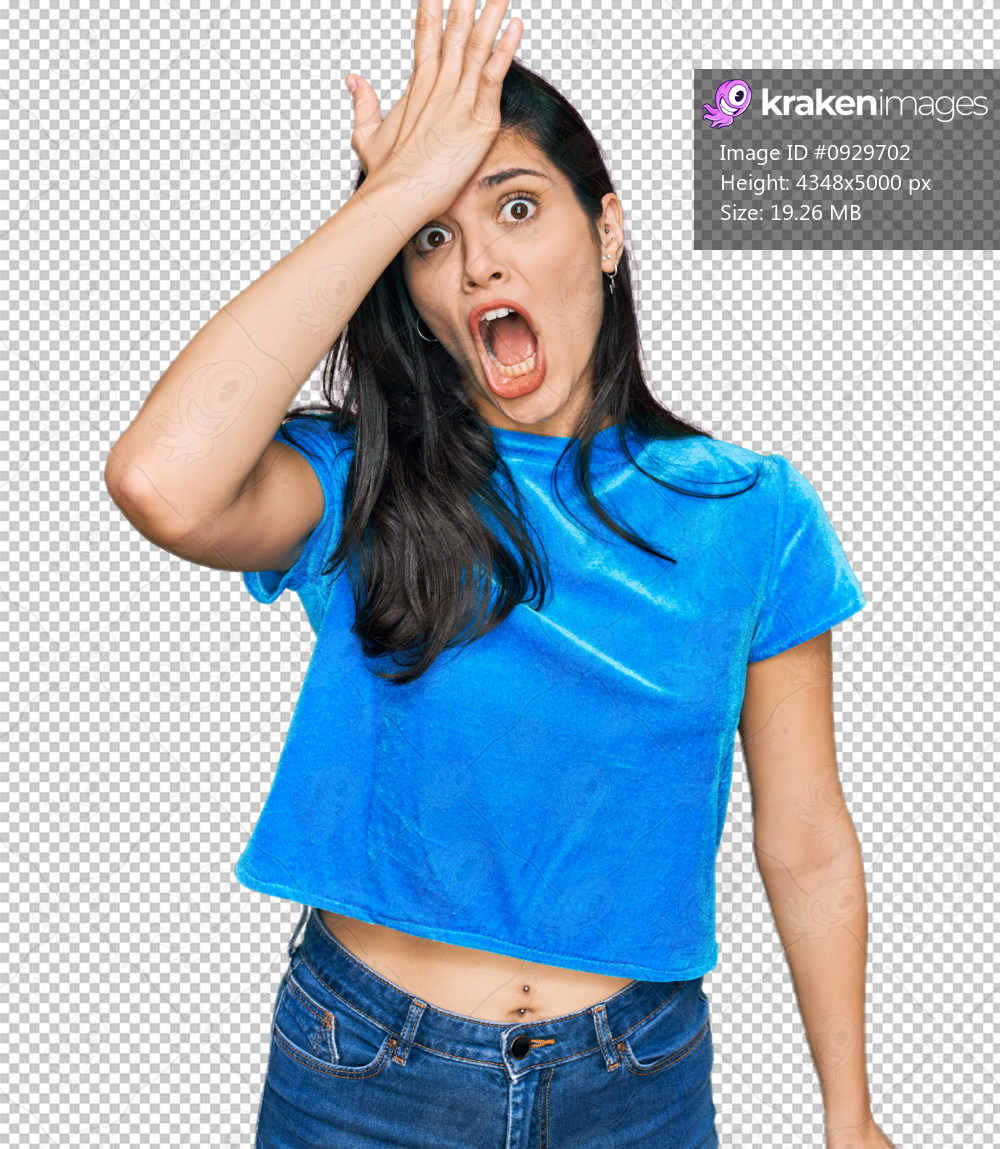 Young hispanic woman wearing casual clothes surprised with hand on head for mistake, remember error. forgot, bad memory concept.