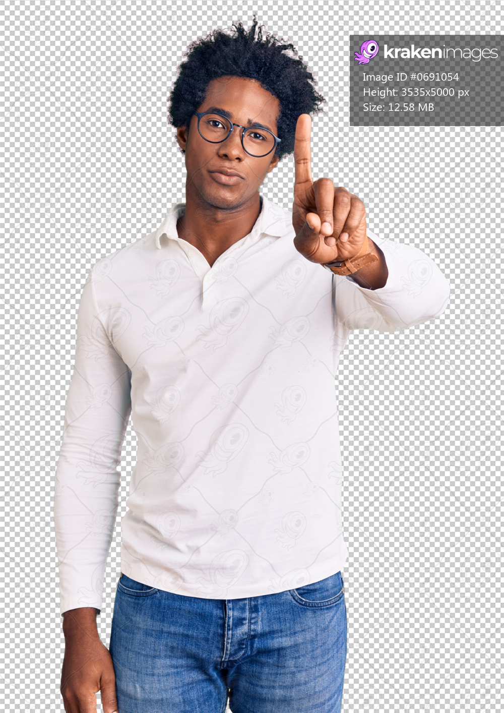 Handsome african american man with afro hair wearing casual clothes and glasses pointing with finger up and angry expression, showing no gesture
