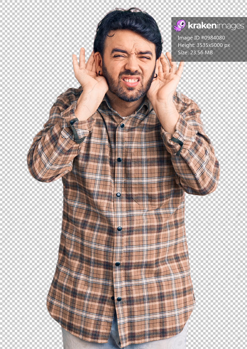 Young hispanic man wearing casual clothes trying to hear both hands on ear gesture, curious for gossip. hearing problem, deaf
