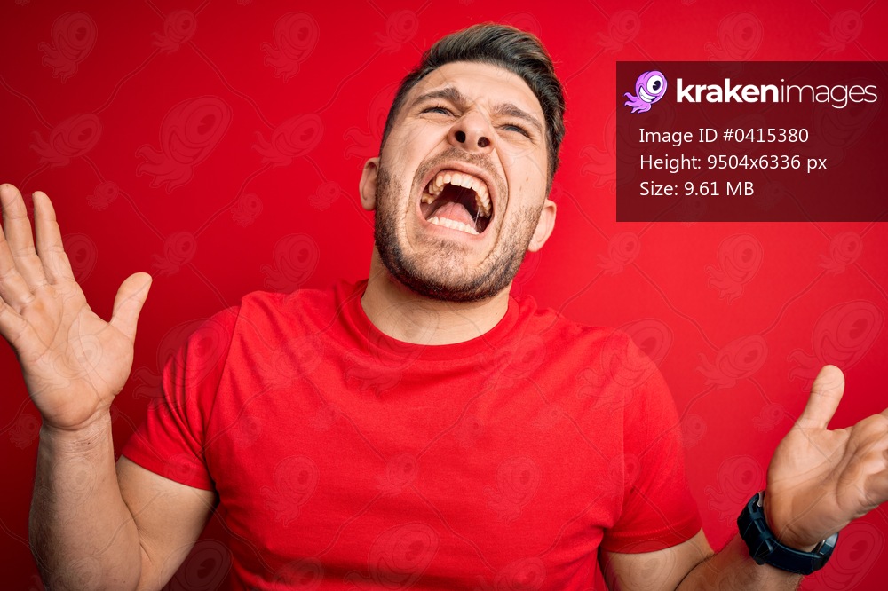 Young man with blue eyes wearing casual t-shirt over red isolated background crazy and mad shouting and yelling with aggressive expression and arms raised. Frustration concept.