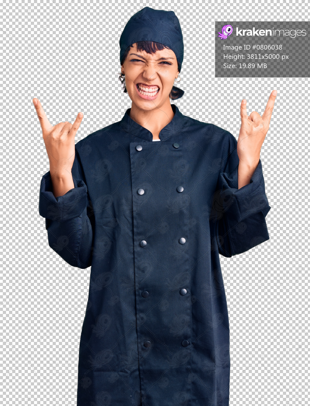 Young brunette woman with short hair wearing professional cook uniform shouting with crazy expression doing rock symbol with hands up. music star. heavy concept.