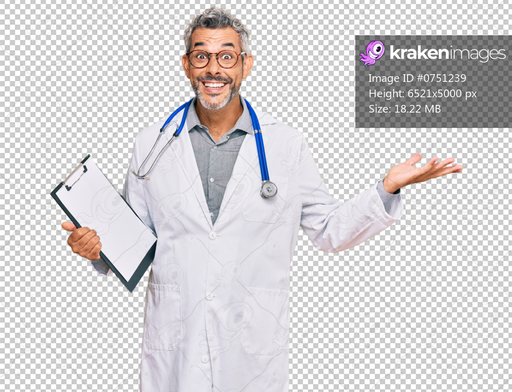 Middle age grey-haired man wearing doctor stethoscope holding clipboard celebrating victory with happy smile and winner expression with raised hands