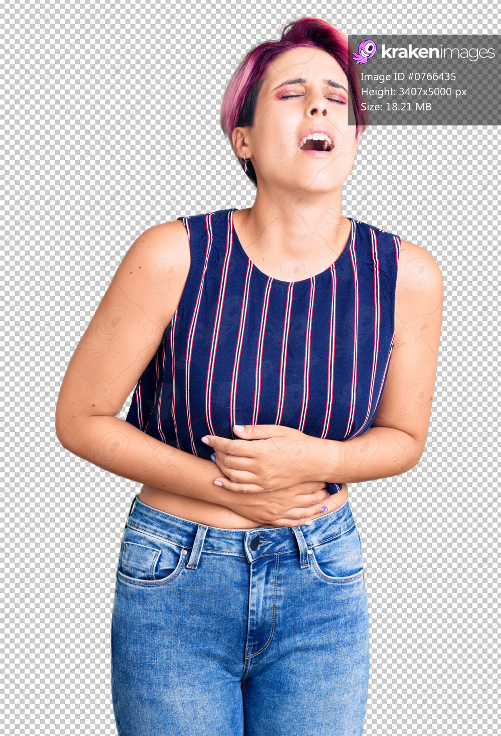 Young beautiful woman with pink hair wearing casual clothes with hand on stomach because nausea, painful disease feeling unwell. ache concept.