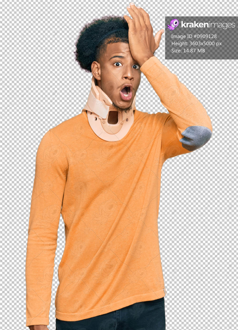 African american man with afro hair wearing cervical neck collar surprised with hand on head for mistake, remember error. forgot, bad memory concept.