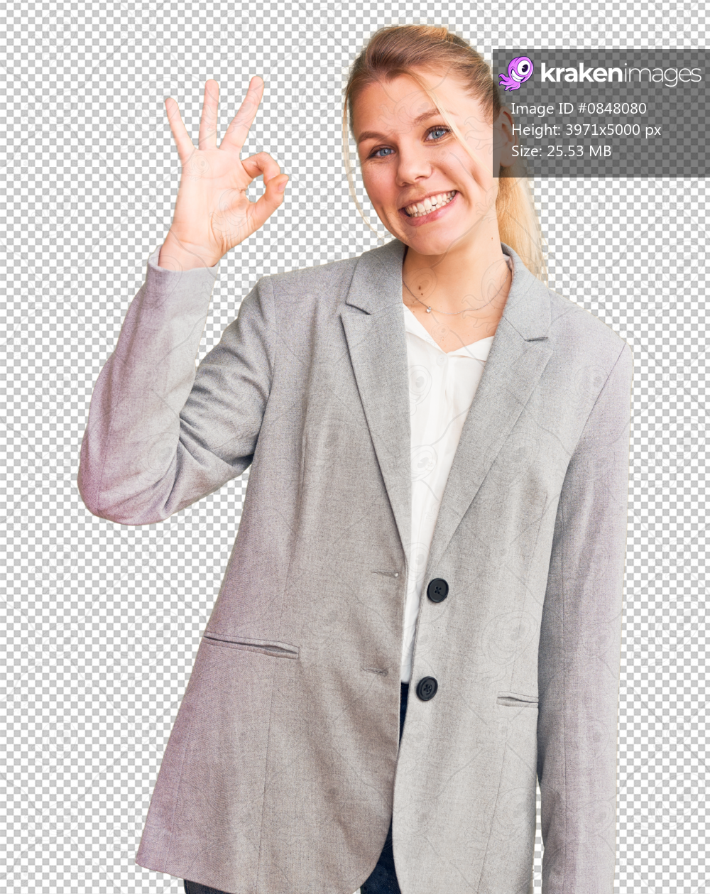 Young beautiful blonde woman wearing elegant jacket smiling positive doing ok sign with hand and fingers. successful expression.