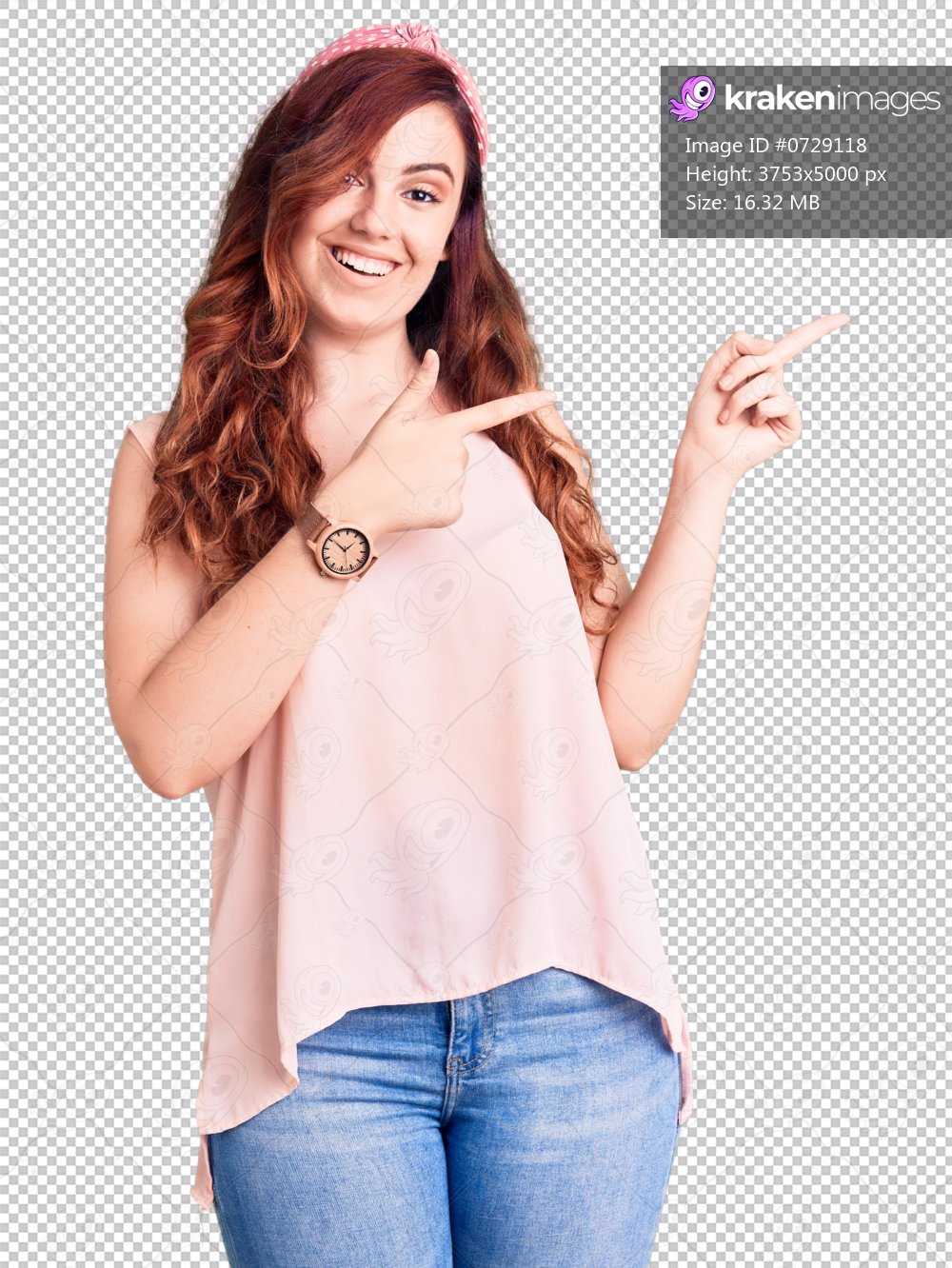 Young beautiful woman wearing casual clothes and diadem smiling and looking at the camera pointing with two hands and fingers to the side.