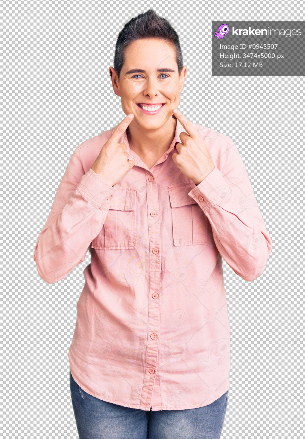 Young woman with short hair wearing casual clothes smiling with open mouth, fingers pointing and forcing cheerful smile