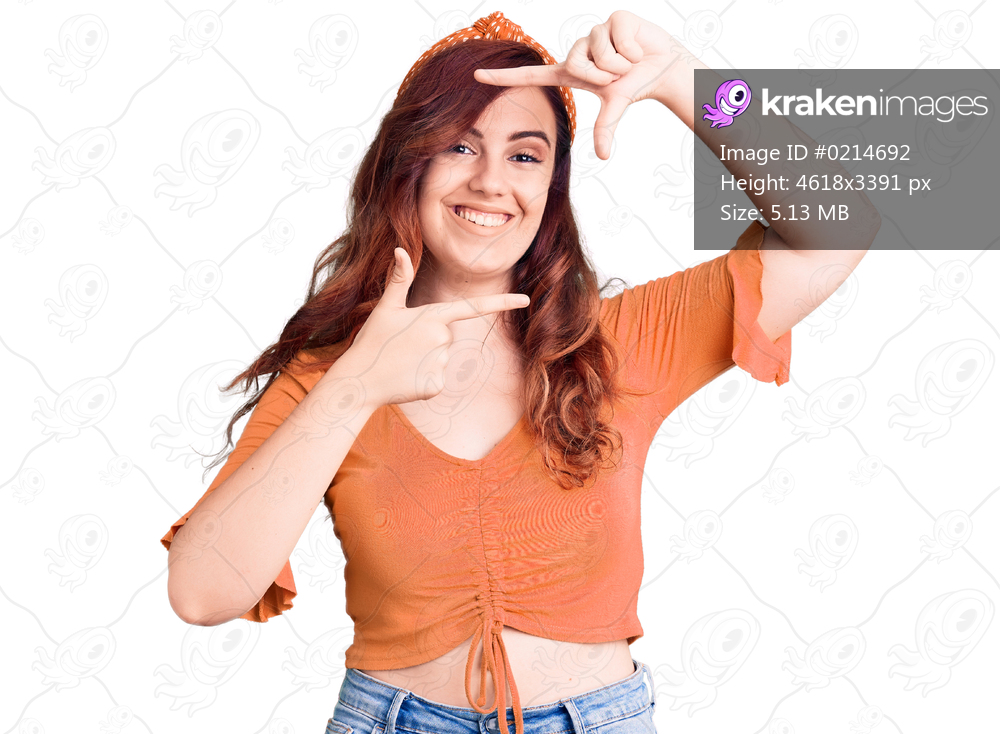 Young beautiful woman wearing casual clothes smiling making frame with hands and fingers with happy face. creativity and photography concept. 