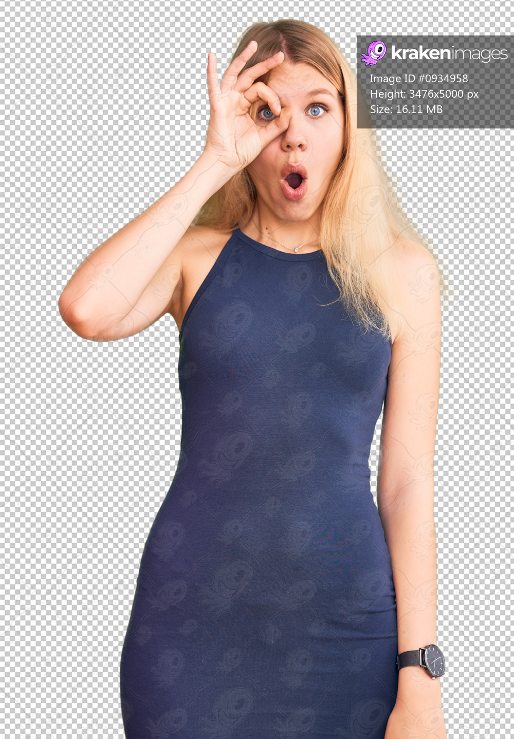 Young beautiful blonde woman wearing casual dress doing ok gesture shocked with surprised face, eye looking through fingers. unbelieving expression.