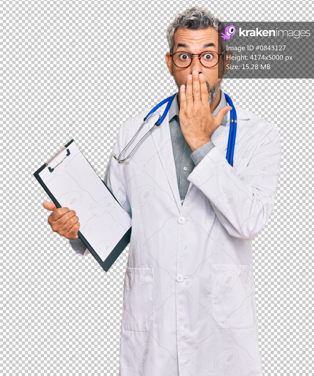 Middle age grey-haired man wearing doctor stethoscope holding clipboard covering mouth with hand, shocked and afraid for mistake. surprised expression