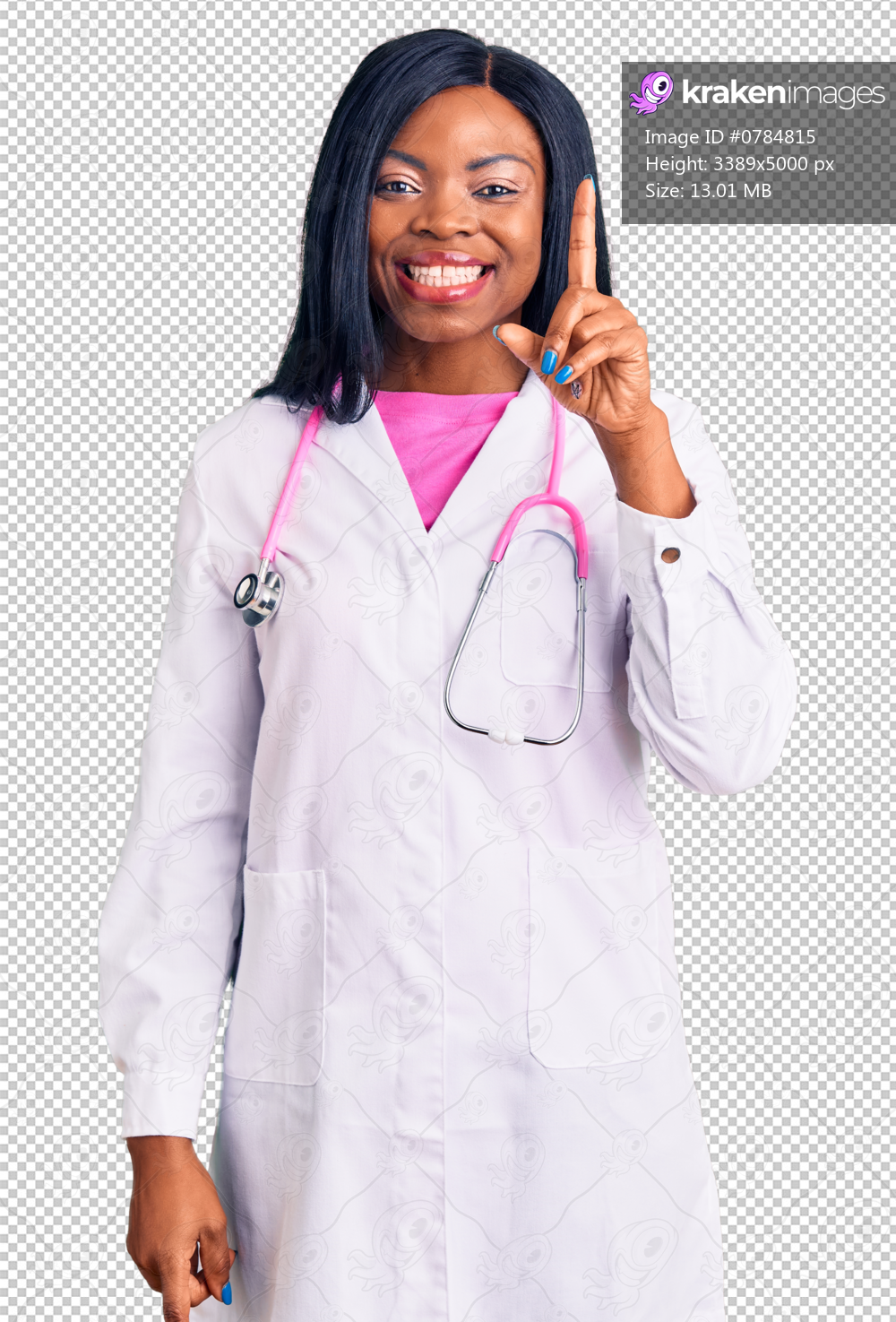 Young african american woman wearing doctor stethoscope pointing finger up with successful idea. exited and happy. number one.