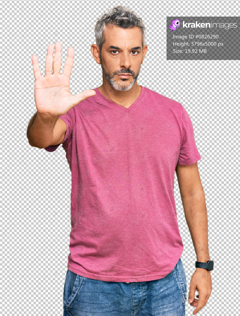 Middle age grey-haired man wearing casual clothes doing stop sing with palm of the hand. warning expression with negative and serious gesture on the face.