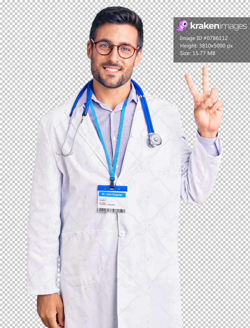 Young hispanic man wearing doctor uniform and stethoscope smiling looking to the camera showing fingers doing victory sign. number two.
