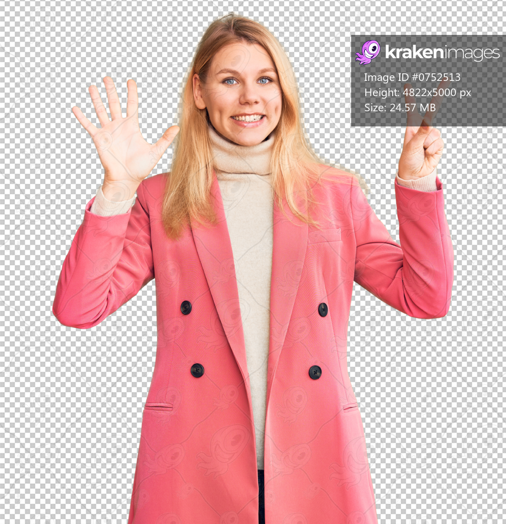 Young beautiful blonde woman wearing elegant clothes showing and pointing up with fingers number seven while smiling confident and happy.