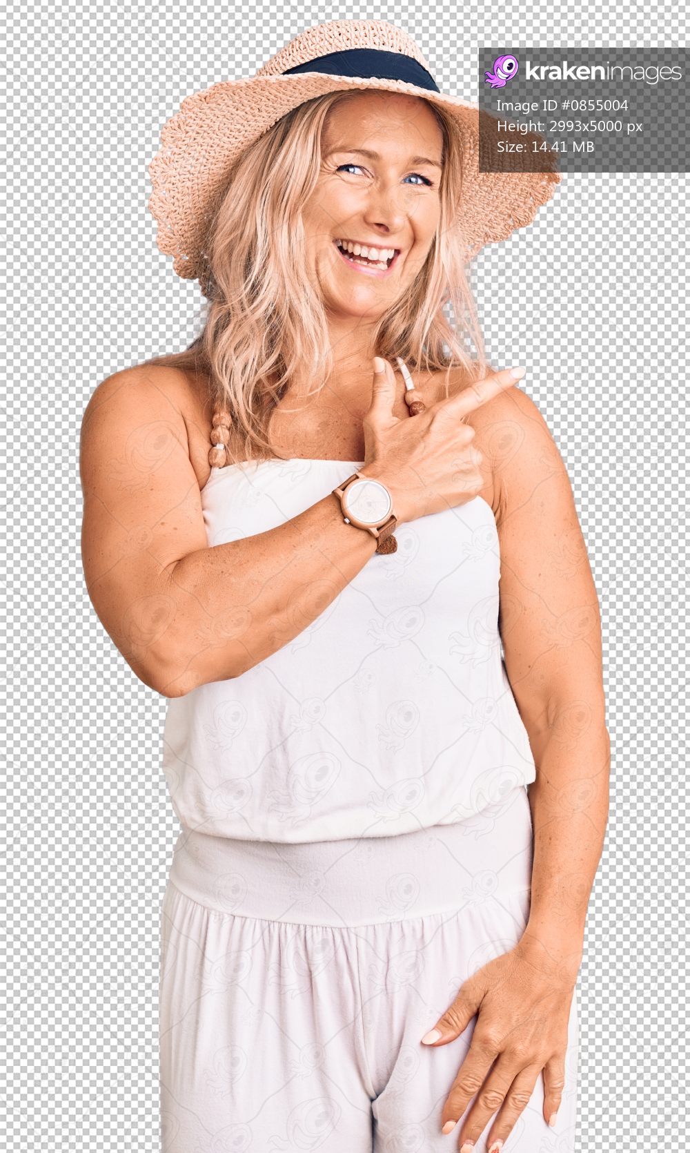 Middle age fit blonde woman wearing summer hat cheerful with a smile of face pointing with hand and finger up to the side with happy and natural expression on face