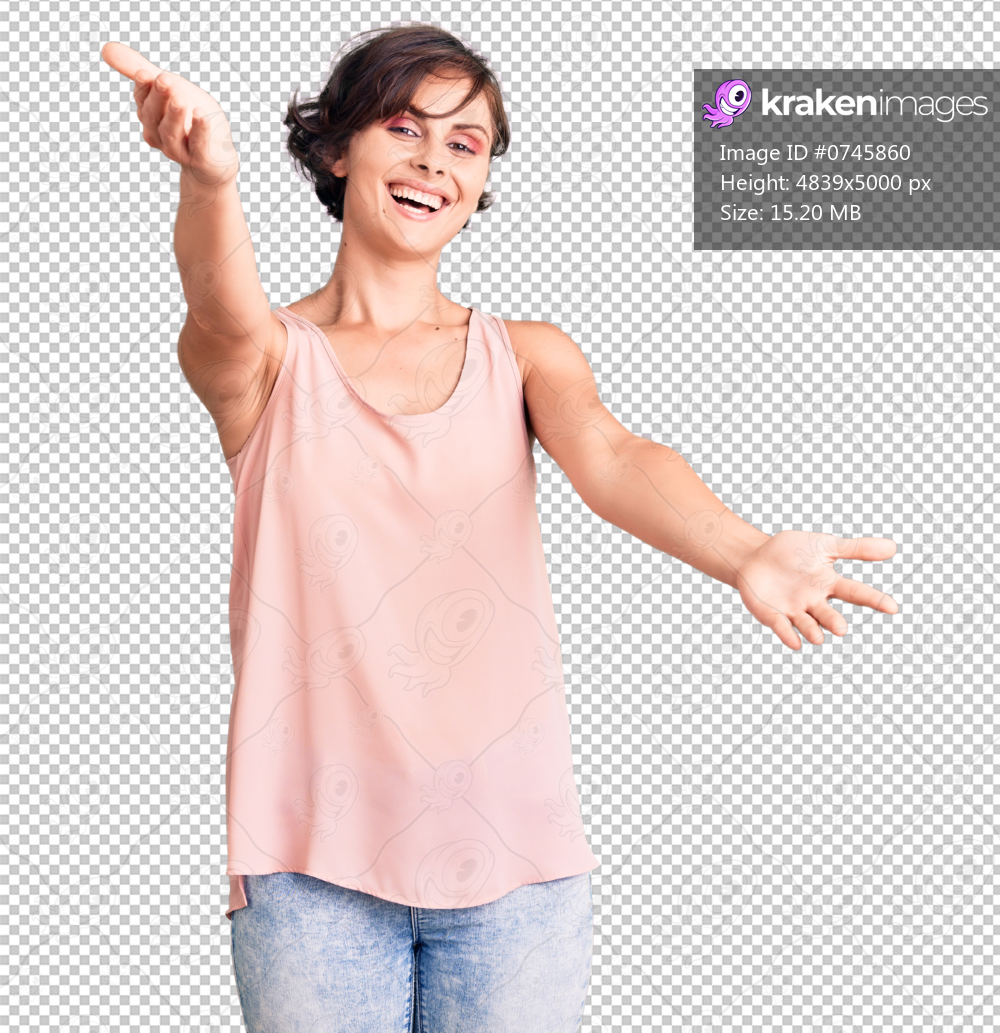 Beautiful young woman with short hair wearing casual style with sleeveless shirt looking at the camera smiling with open arms for hug. cheerful expression embracing happiness.