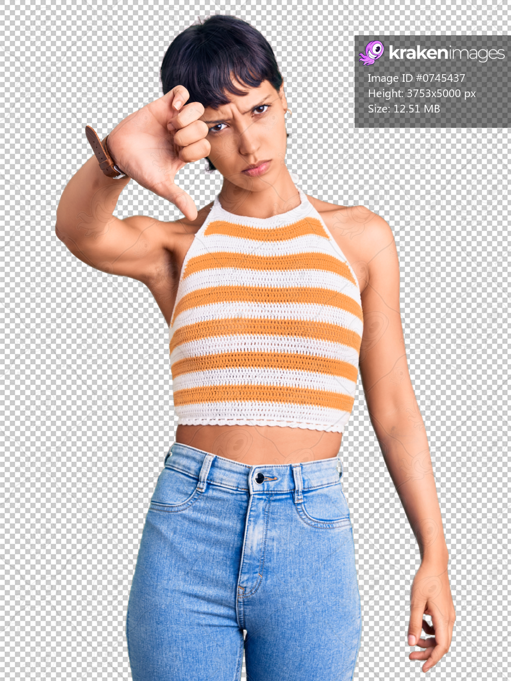 Young brunette woman with short hair wearing casual clothes looking unhappy and angry showing rejection and negative with thumbs down gesture. bad expression.