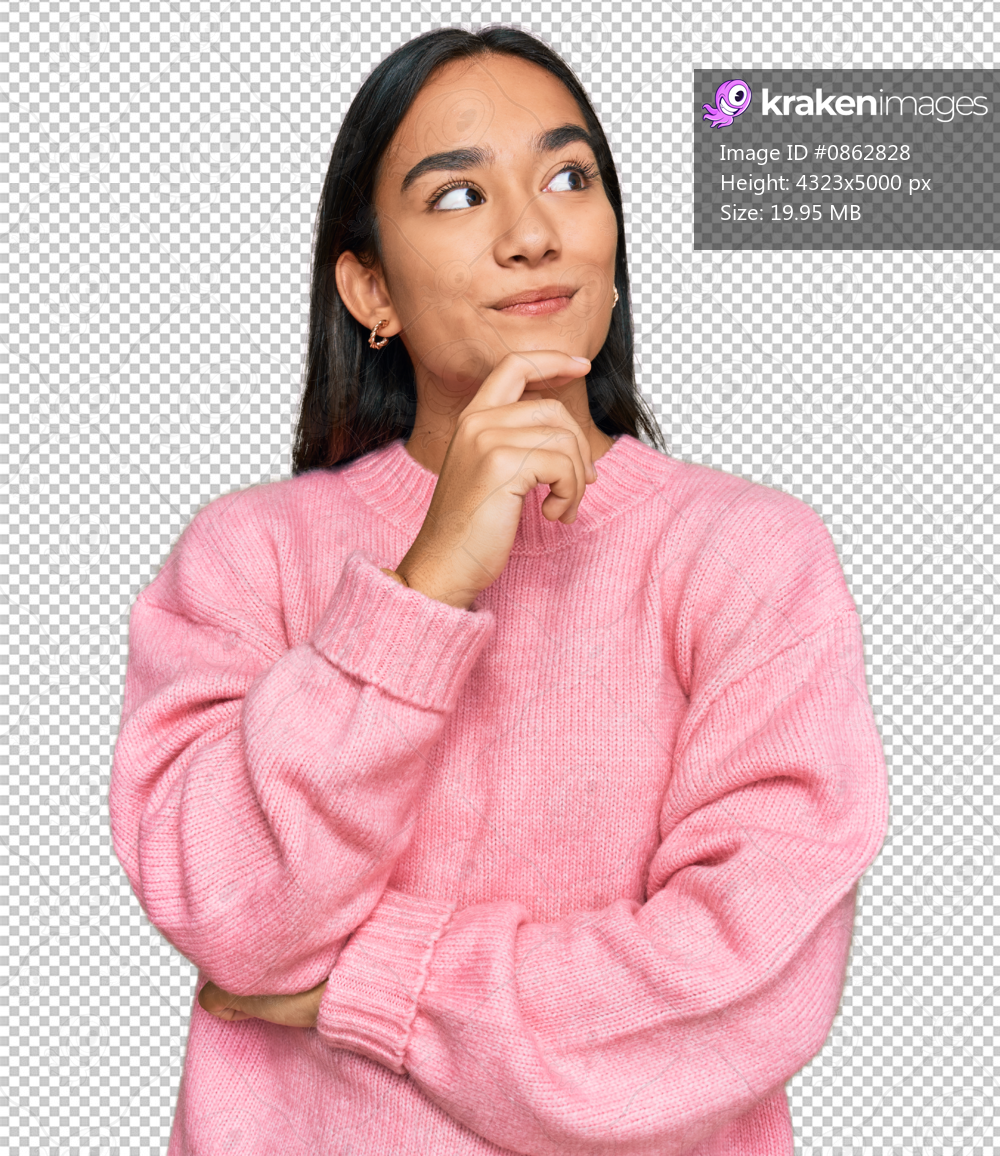 Young asian woman wearing casual winter sweater with hand on chin thinking about question, pensive expression. smiling and thoughtful face. doubt concept.