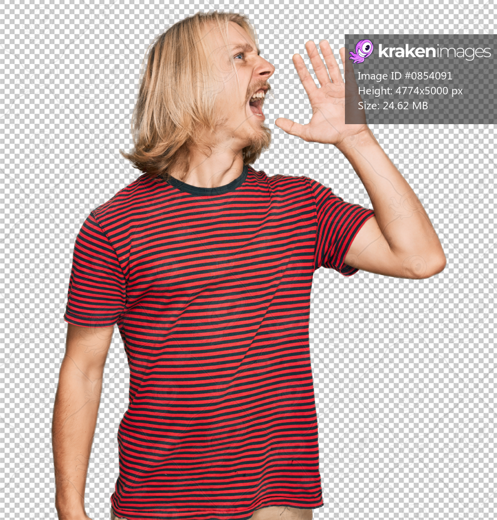 Caucasian man with blond long hair wearing casual striped t shirt shouting and screaming loud to side with hand on mouth. communication concept.