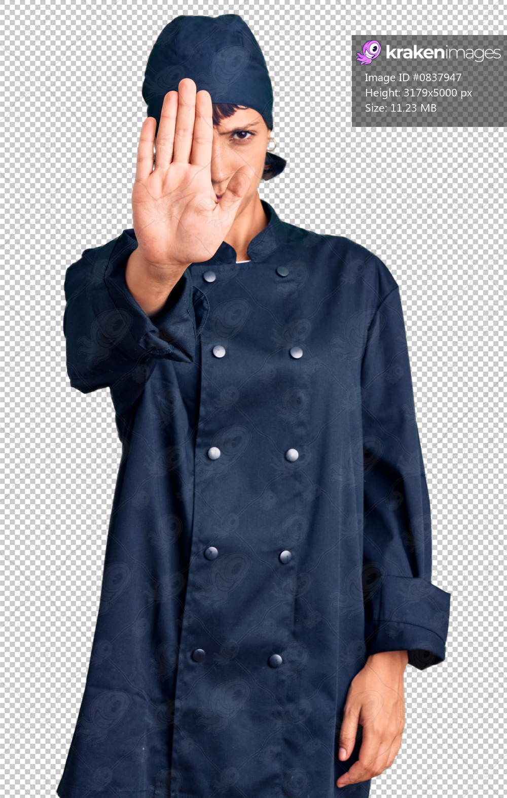 Young brunette woman with short hair wearing professional cook uniform doing stop sing with palm of the hand. warning expression with negative and serious gesture on the face.