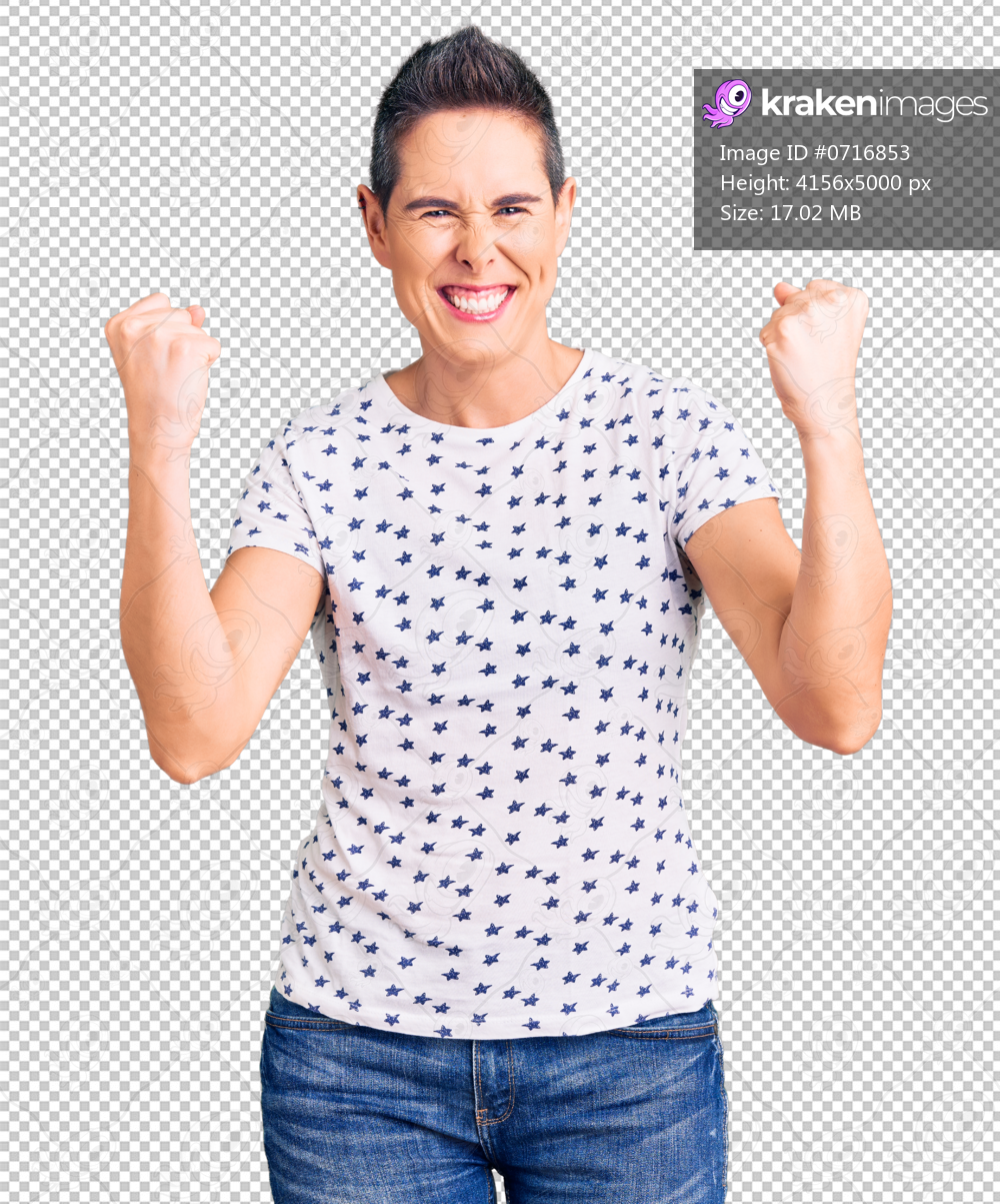 Young woman with short hair wearing casual clothes screaming proud, celebrating victory and success very excited with raised arms