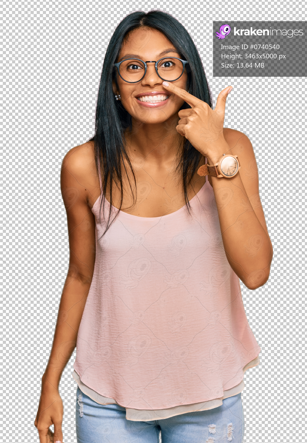 Young african american woman wearing casual clothes and glasses pointing with hand finger to face and nose, smiling cheerful. beauty concept