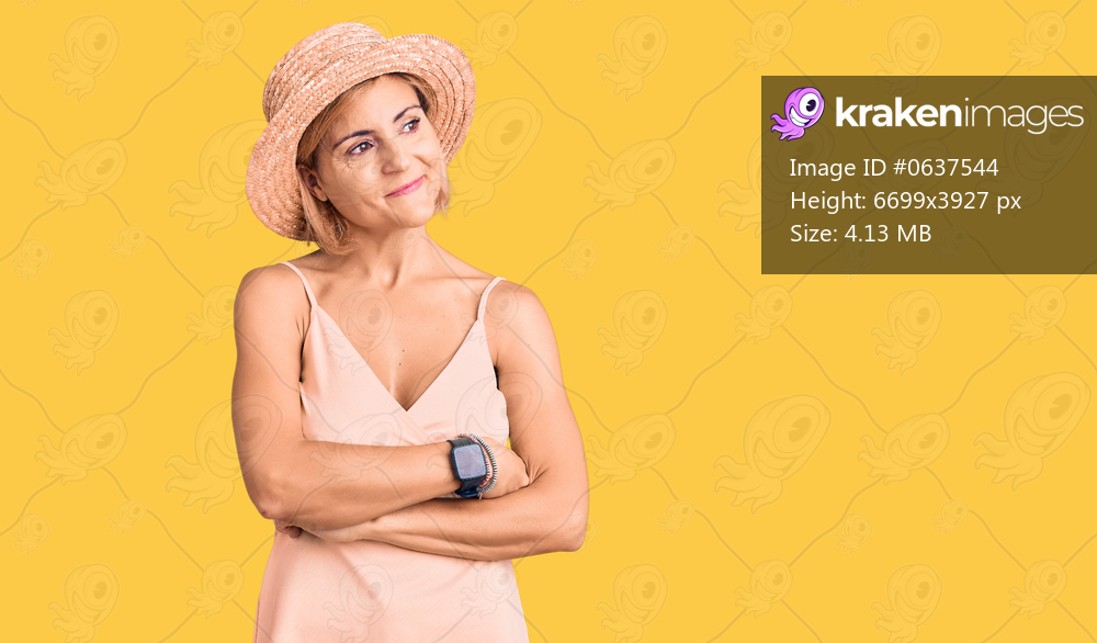 Young blonde woman wearing summer hat looking to the side with arms crossed convinced and confident 