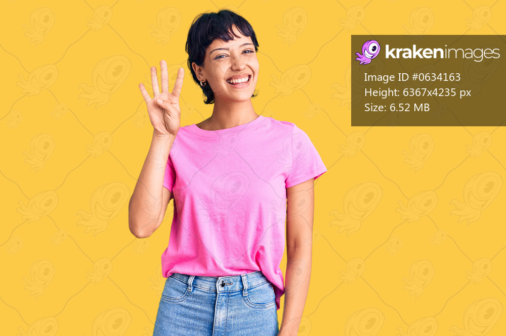 Young brunette woman with short hair wearing casual clothes showing and pointing up with fingers number four while smiling confident and happy. 