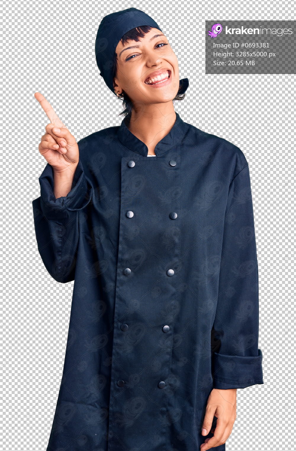 Young brunette woman with short hair wearing professional cook uniform showing and pointing up with finger number one while smiling confident and happy.