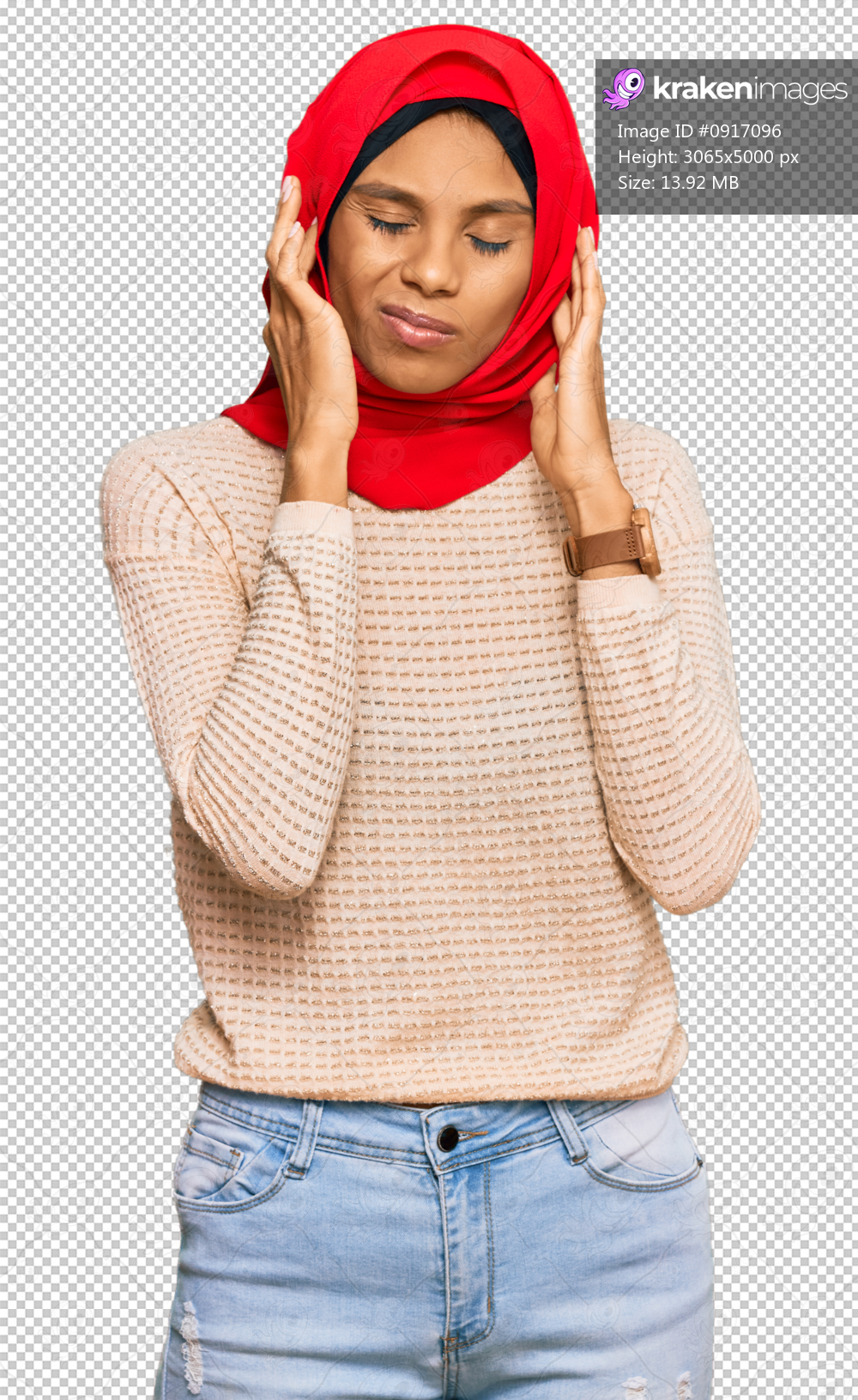 Young african american woman wearing traditional islamic hijab scarf covering ears with fingers with annoyed expression for the noise of loud music. deaf concept.