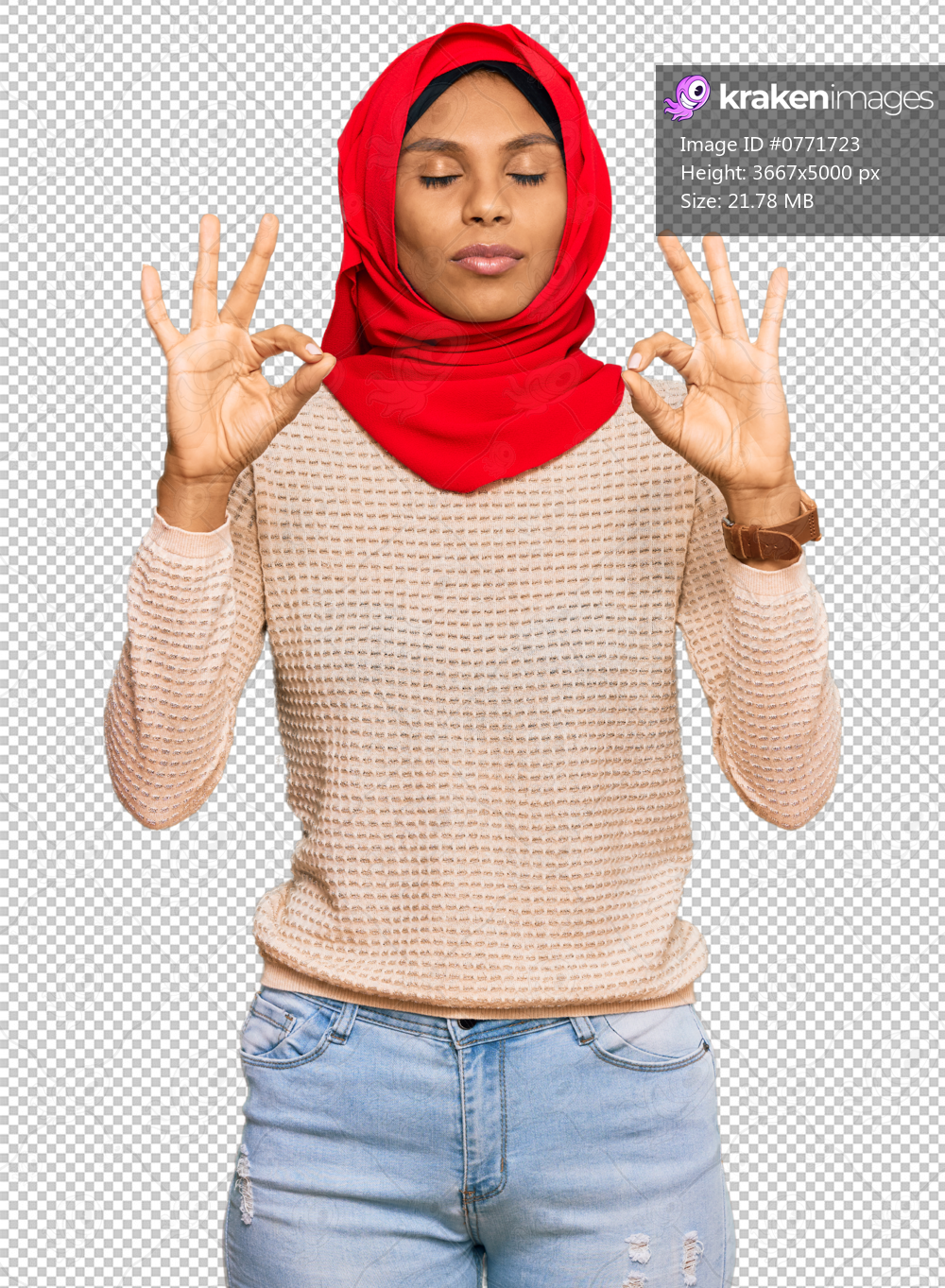 Young african american woman wearing traditional islamic hijab scarf relaxed and smiling with eyes closed doing meditation gesture with fingers. yoga concept.