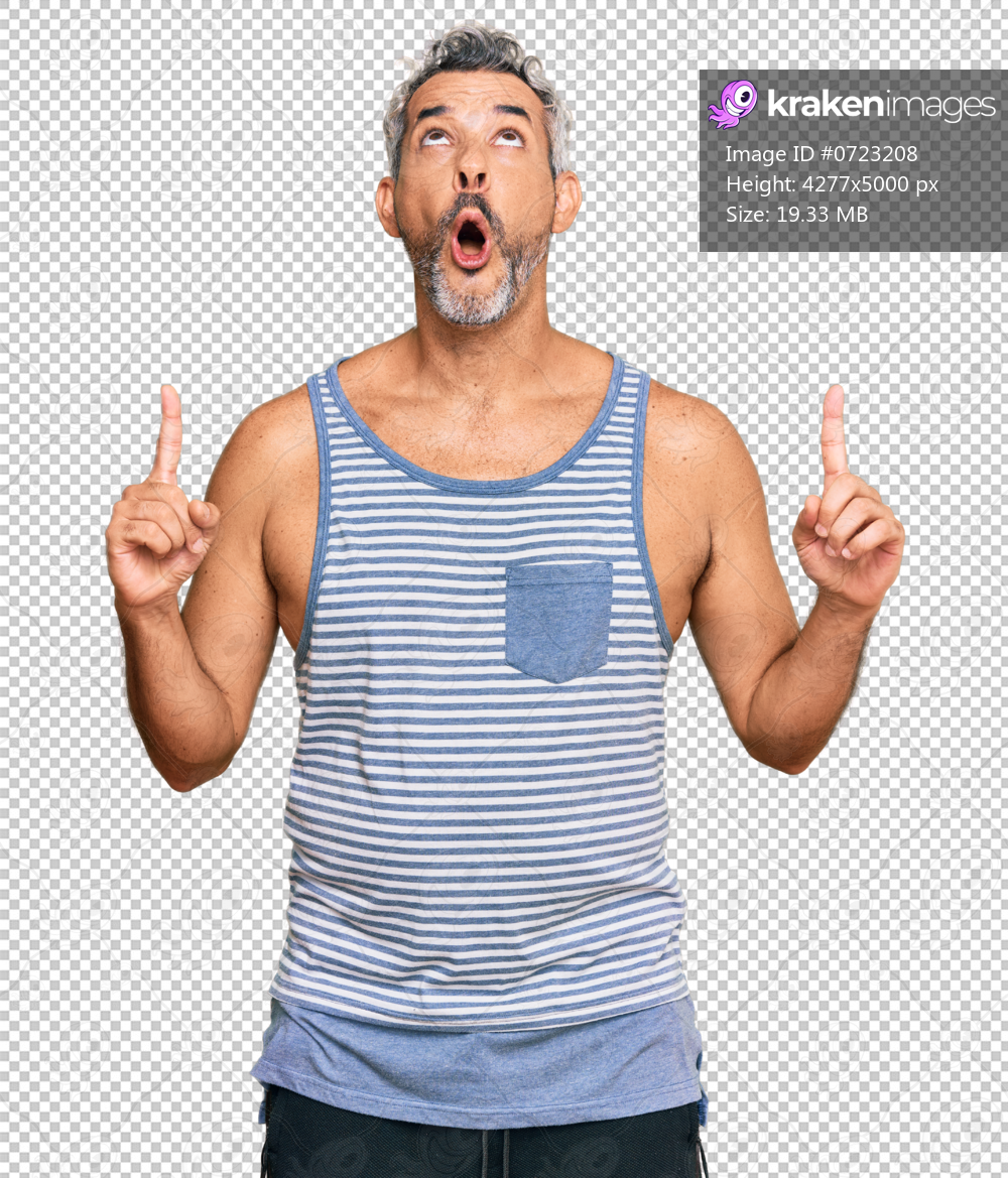 Middle age grey-haired man wearing casual style with sleeveless shirt amazed and surprised looking up and pointing with fingers and raised arms.