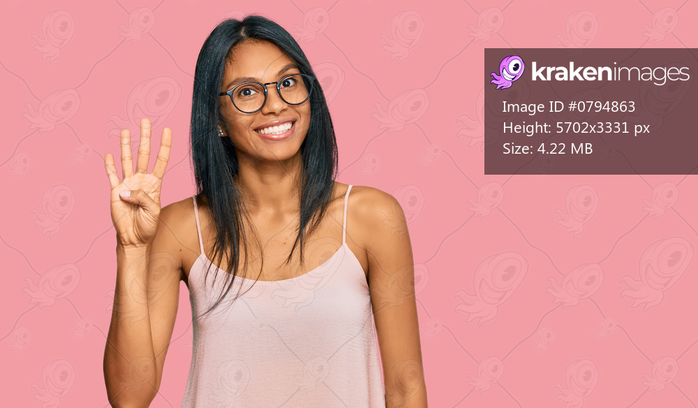 Young african american woman wearing casual clothes and glasses showing and pointing up with fingers number four while smiling confident and happy. 