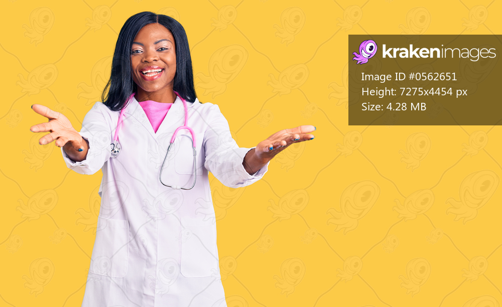 Young african american woman wearing doctor stethoscope smiling cheerful offering hands giving assistance and acceptance. 