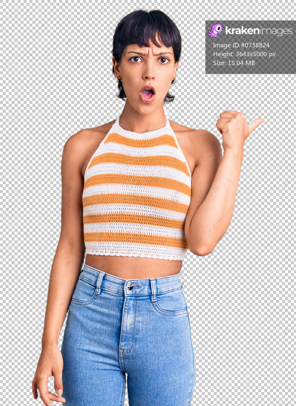 Young brunette woman with short hair wearing casual clothes surprised pointing with hand finger to the side, open mouth amazed expression.