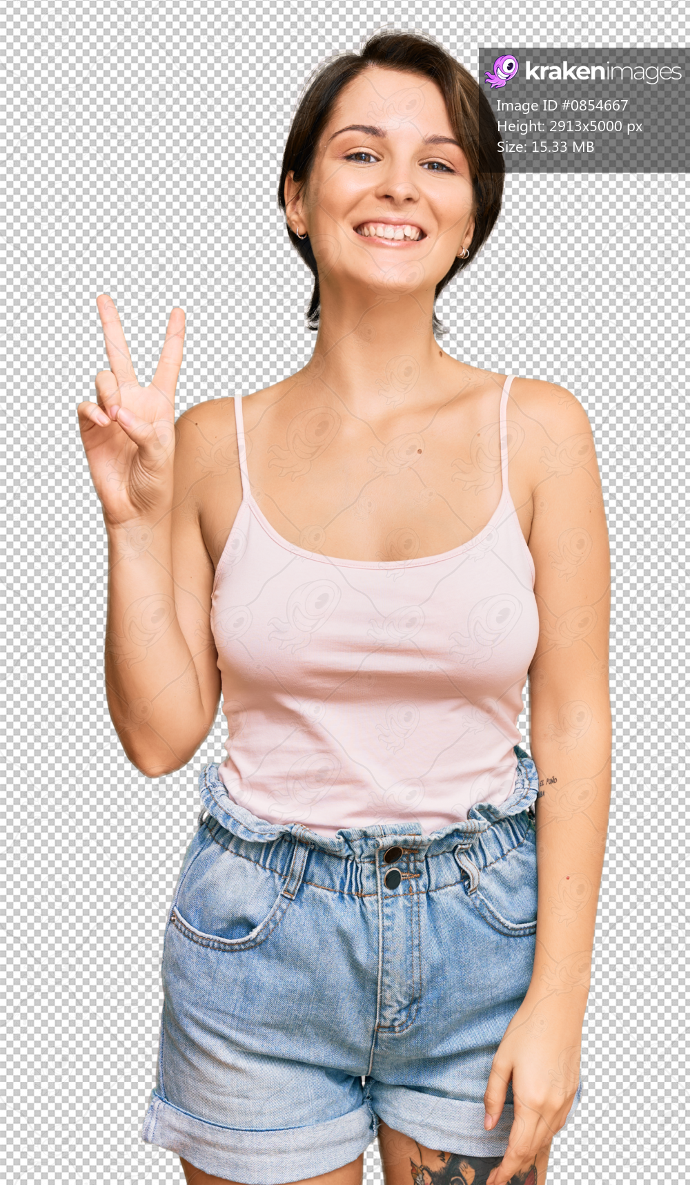 Young brunette woman with short hair wearing casual summer clothes smiling with happy face winking at the camera doing victory sign. number two.