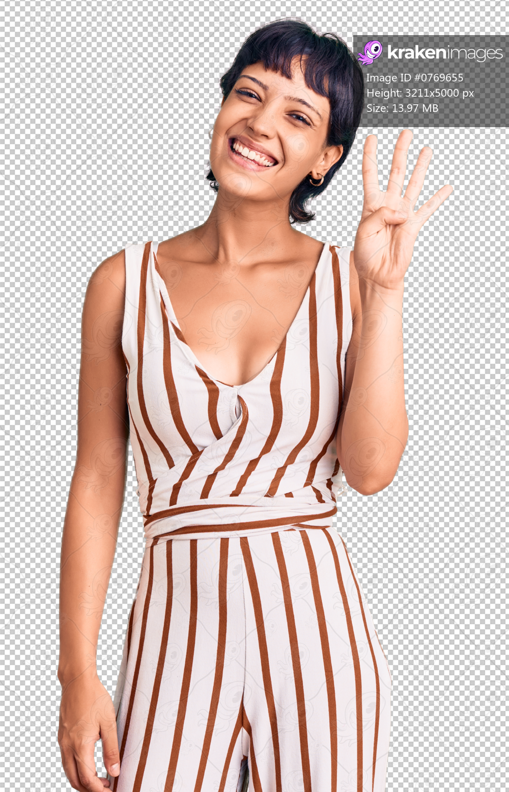 Young brunette woman with short hair wearing summer outfit showing and pointing up with fingers number four while smiling confident and happy.